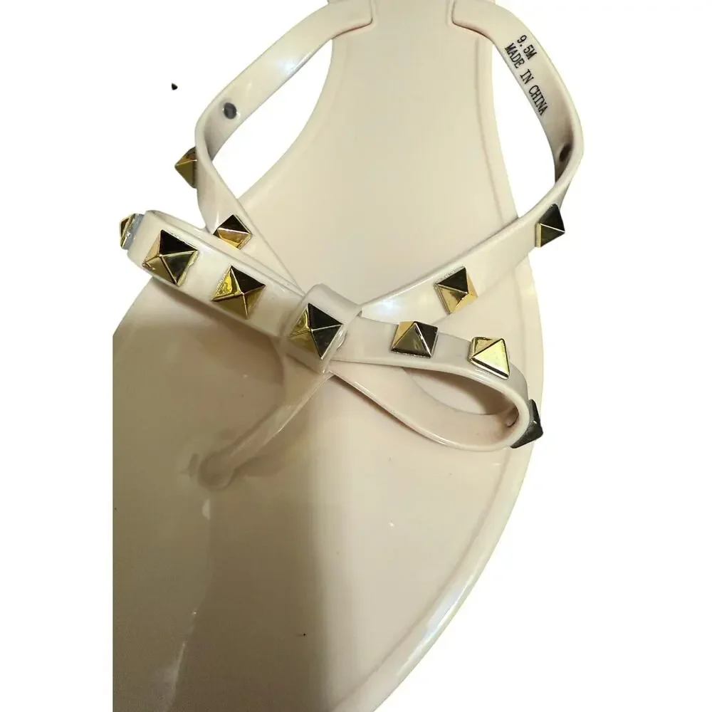 Steven New York Cream & Gold Studded Flip Flops - Size 9.5
